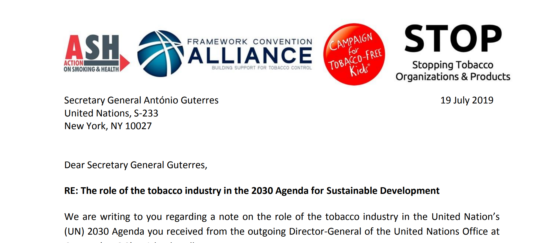 Joint Letter to the UN SG RE