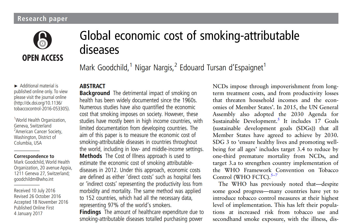 Global economic cost of smoking- attributable diseases